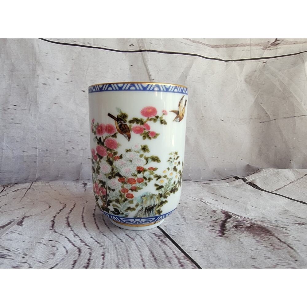 Franklin Porcelain Chrysanthemum And The Sparrow Saki Tea Cup 1985 Japan